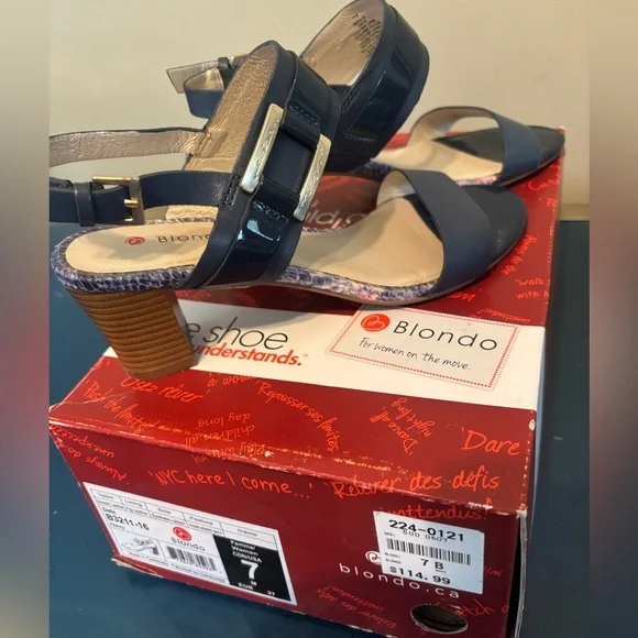 BLONDO Debi Leather Wooden Heel Oprn Toe Navy Sandals Silver Buckle Detail, Box - Picture 9 of 10